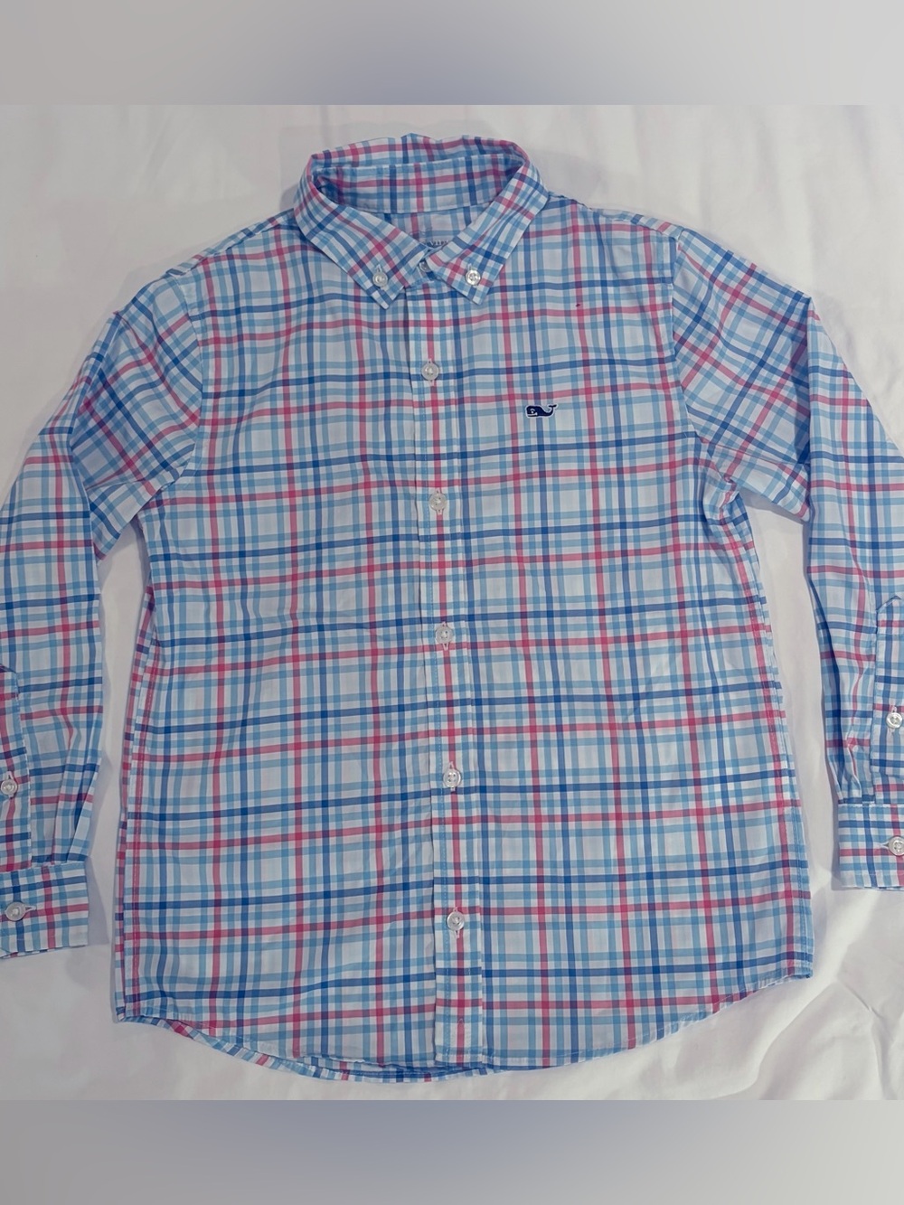 Vineyard Vines Boys Size 6 Performance Whale Shirt Blue Pink Plaid EUC